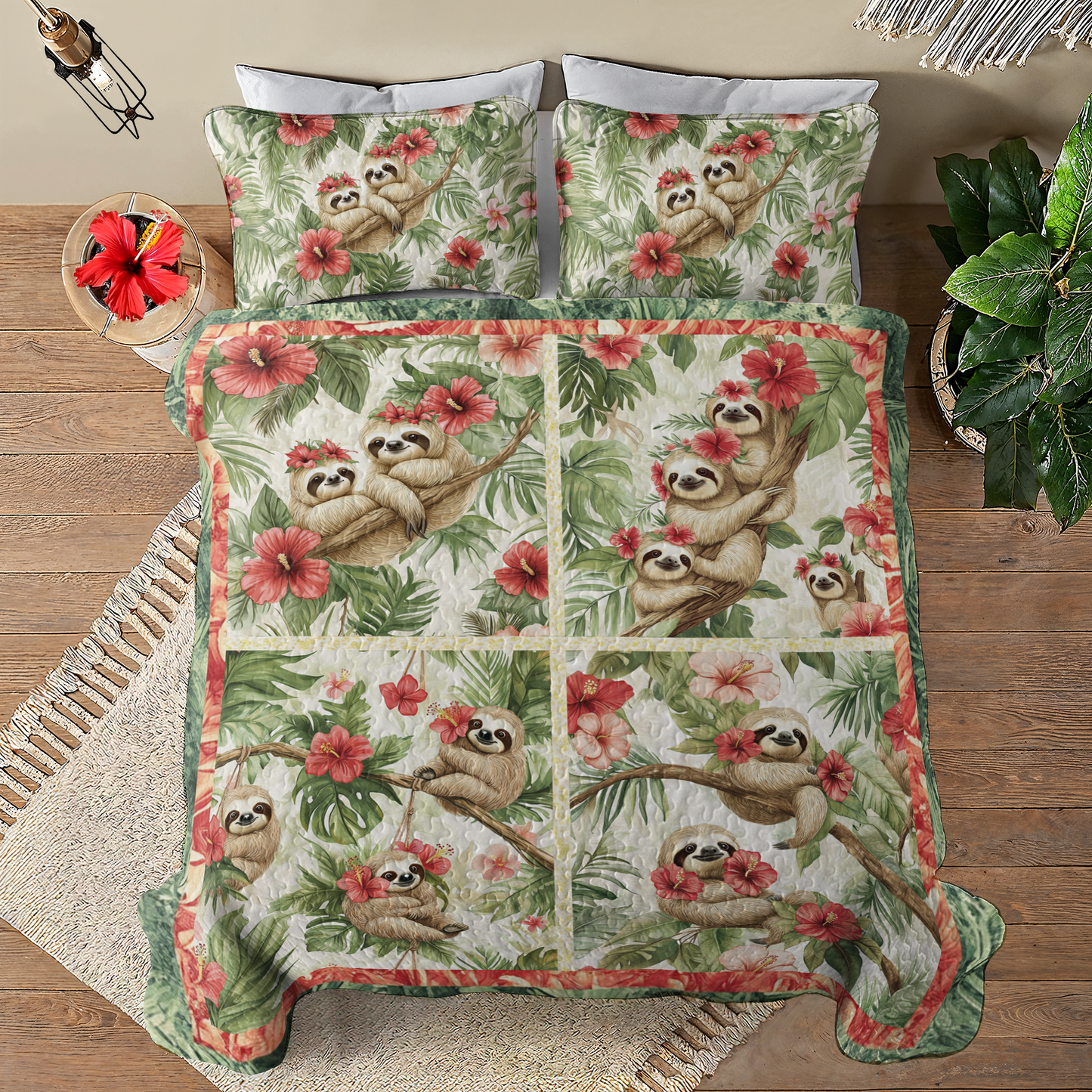 Shineful All Season Quilt 3-Piece Set Hibiscus Harmony Sloth