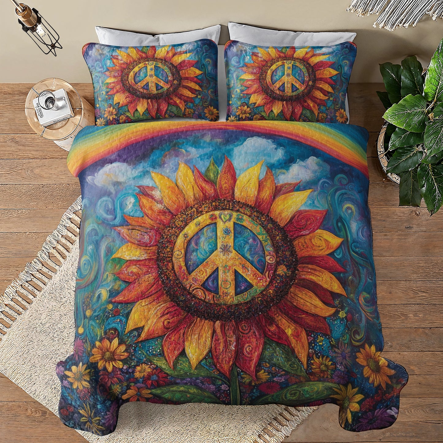 Shineful All Season Quilt 3-Piece Set - Hippie Sunflower Peace