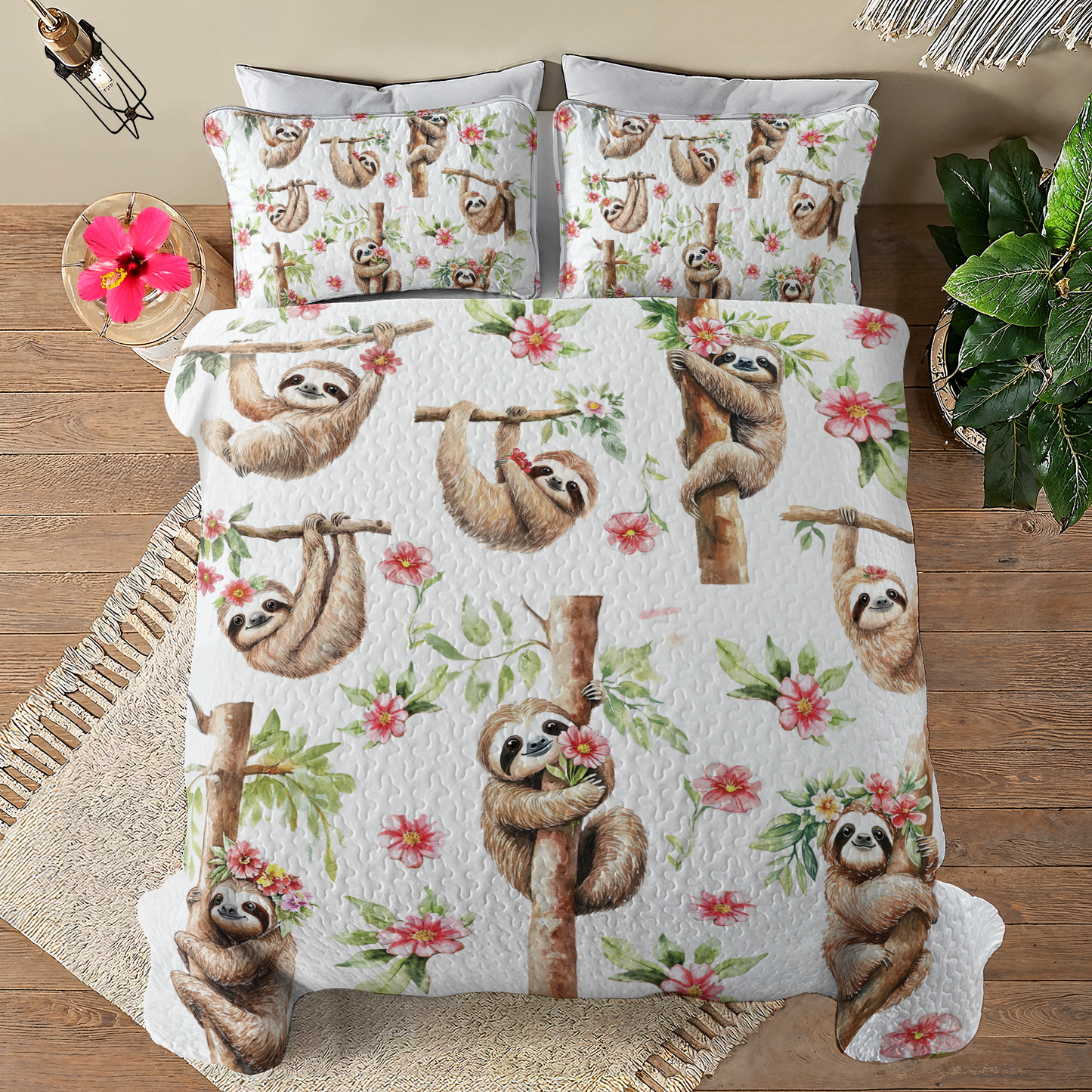 Shineful All Season Quilt 3-Piece Set Pink Flower Sloth Haven