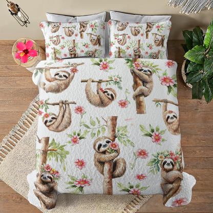 Shineful All Season Quilt 3-Piece Set Pink Flower Sloth Haven