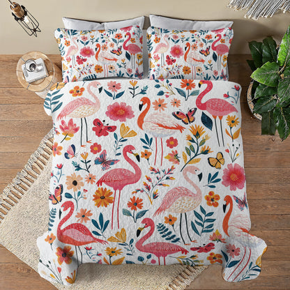 Shineful All Season Quilt 3-Piece Set Botanical Flamingo Bliss