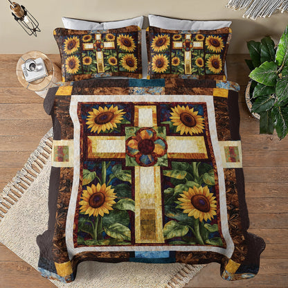 Shineful All Season Quilt 3-Piece Set God's Divine Sunflower Cross