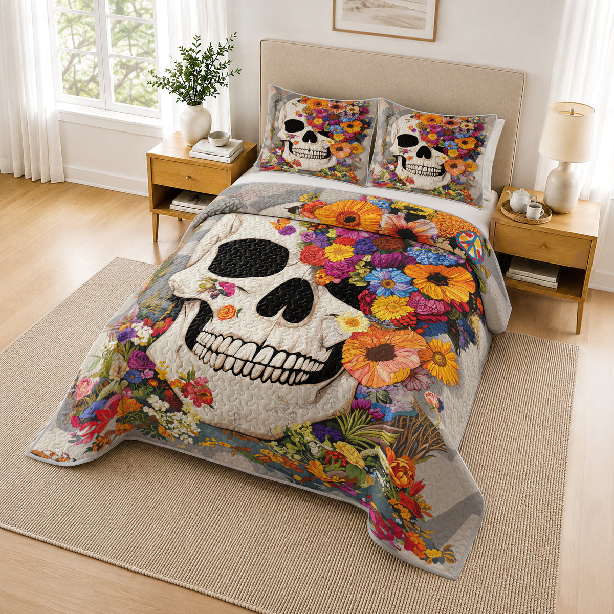 Shineful Quilt 3-Piece Set Skull Blossom