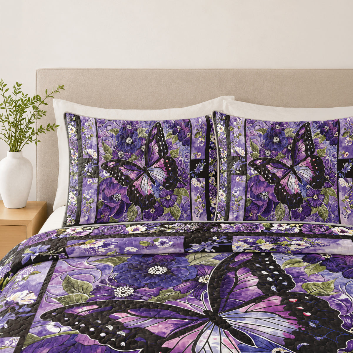 Shineful Quilt 3-Piece Set Gorgeous Purple Butterfly Flowers