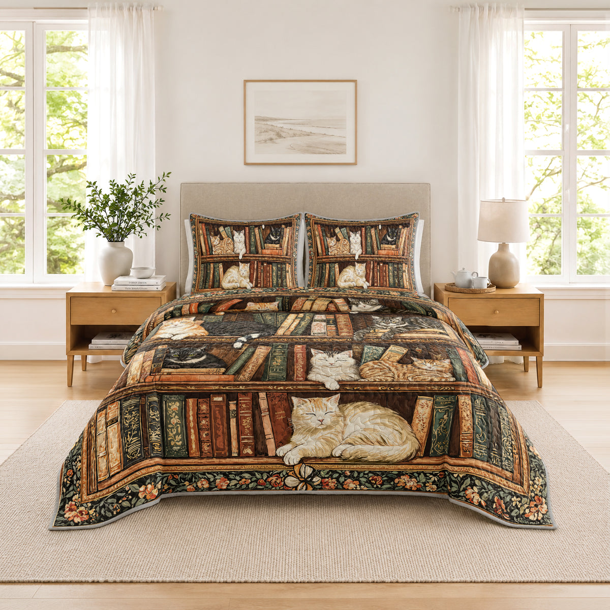 Shineful Quilt 3-Piece Set Book Nook Cats Reading