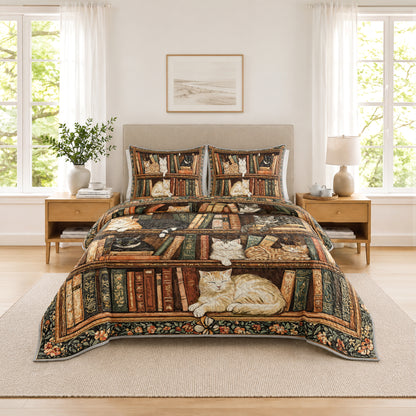 Shineful Quilt 3-Piece Set Book Nook Cats Reading