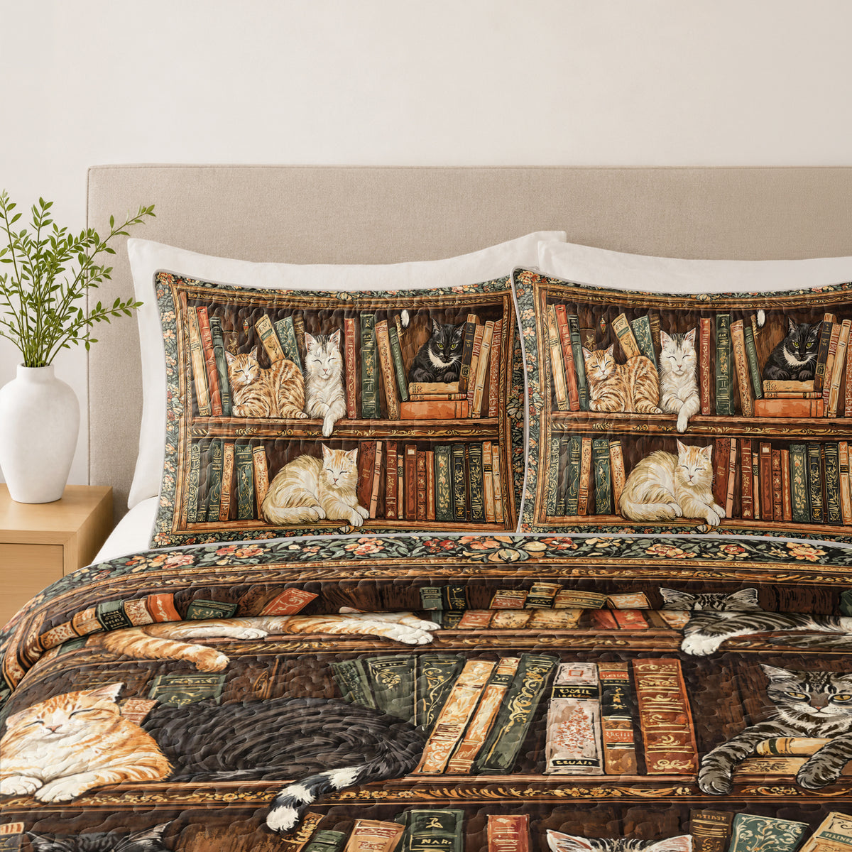 Shineful Quilt 3-Piece Set Book Nook Cats Reading