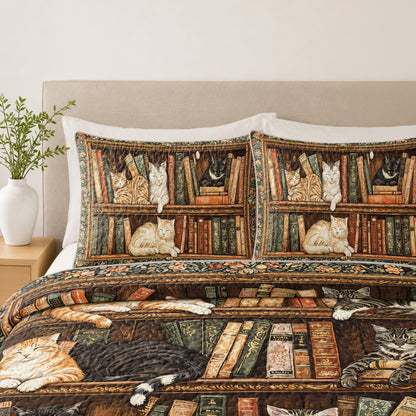 Shineful Quilt 3-Piece Set Book Nook Cats Reading