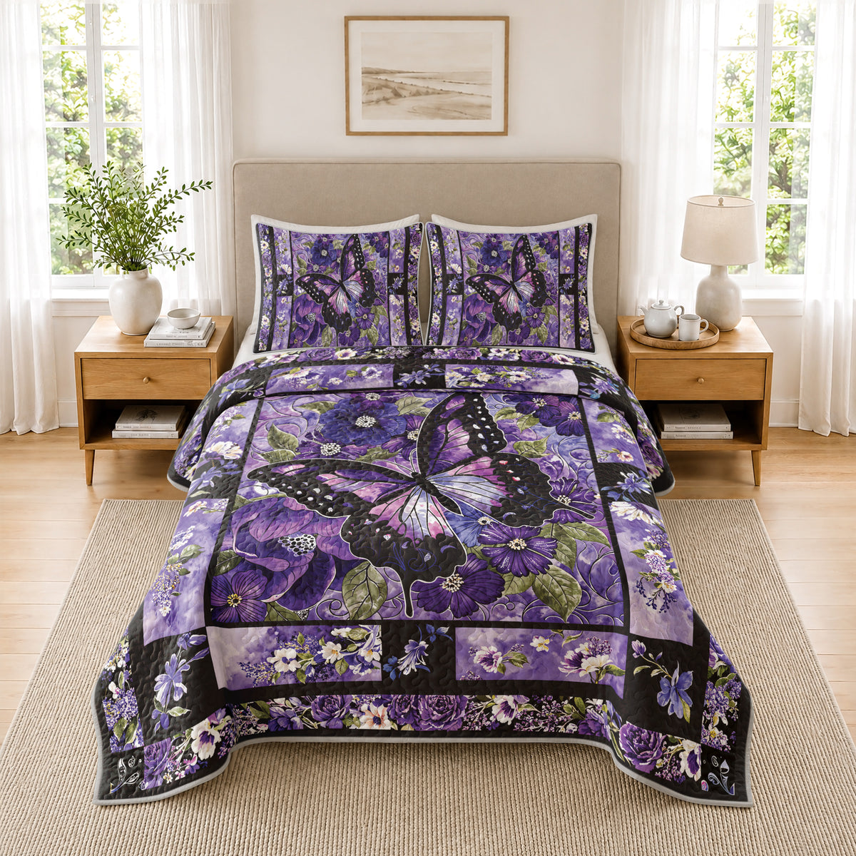 Shineful Quilt 3-Piece Set Gorgeous Purple Butterfly Flowers