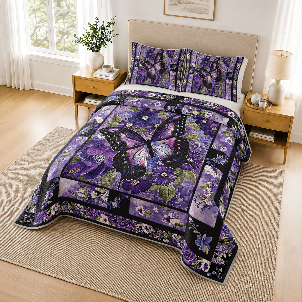 Shineful Quilt 3-Piece Set Gorgeous Purple Butterfly Flowers