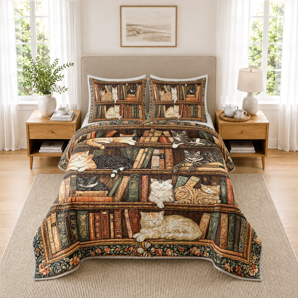 Shineful Quilt 3-Piece Set Book Nook Cats Reading