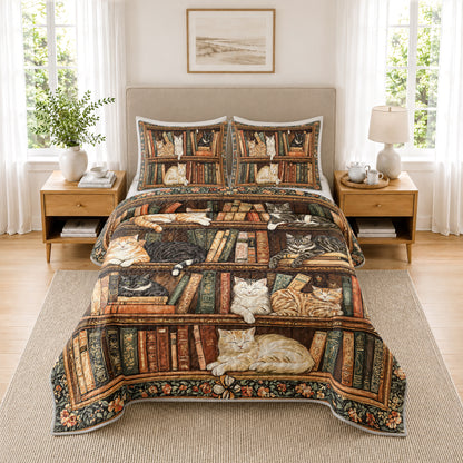 Shineful Quilt 3-Piece Set Book Nook Cats Reading