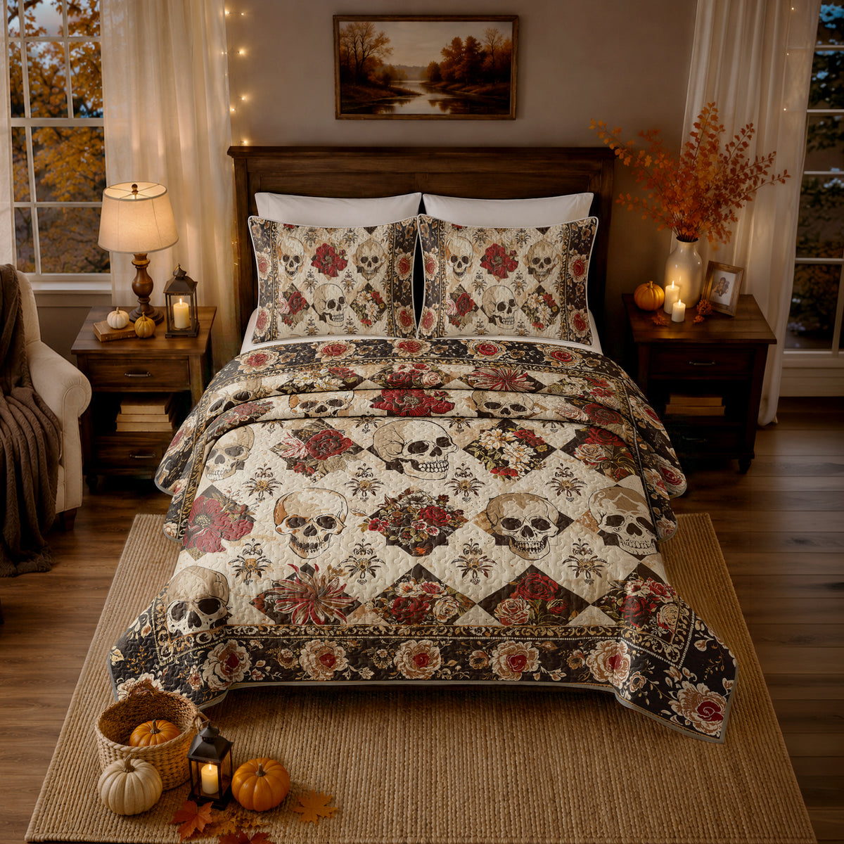 Shineful Quilt 3-Piece Set Elegent Skull Roses
