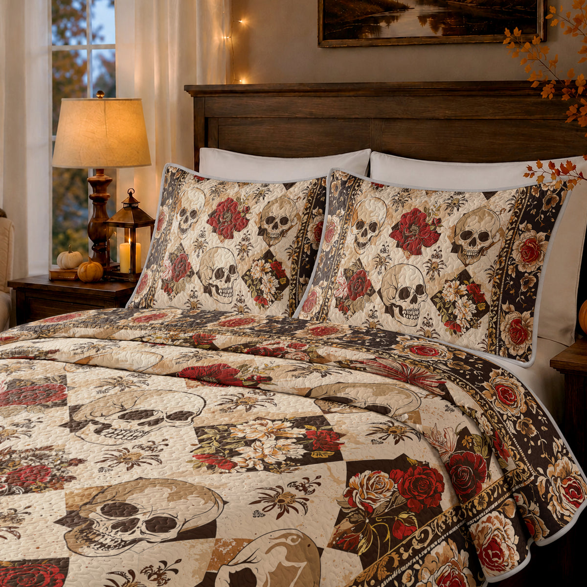 Shineful Quilt 3-Piece Set Elegent Skull Roses