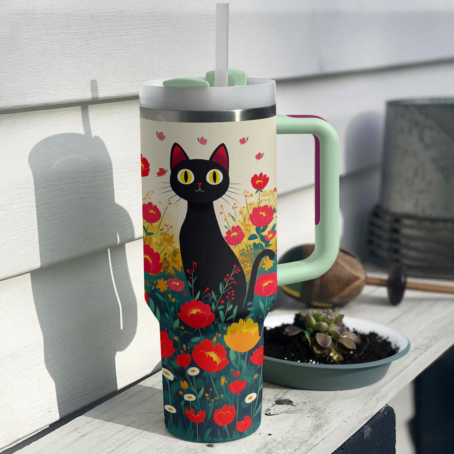Shineful Tumbler Black Cat With Beautiful Flower
