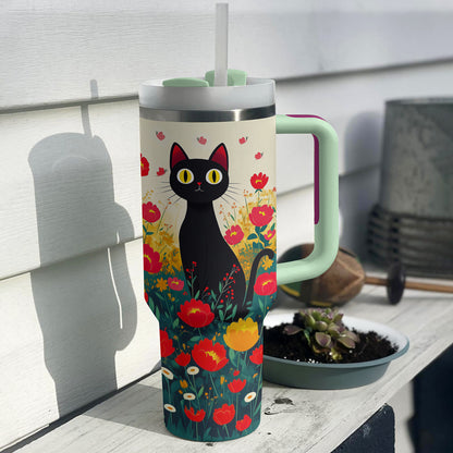 Shineful Tumbler Black Cat With Beautiful Flower