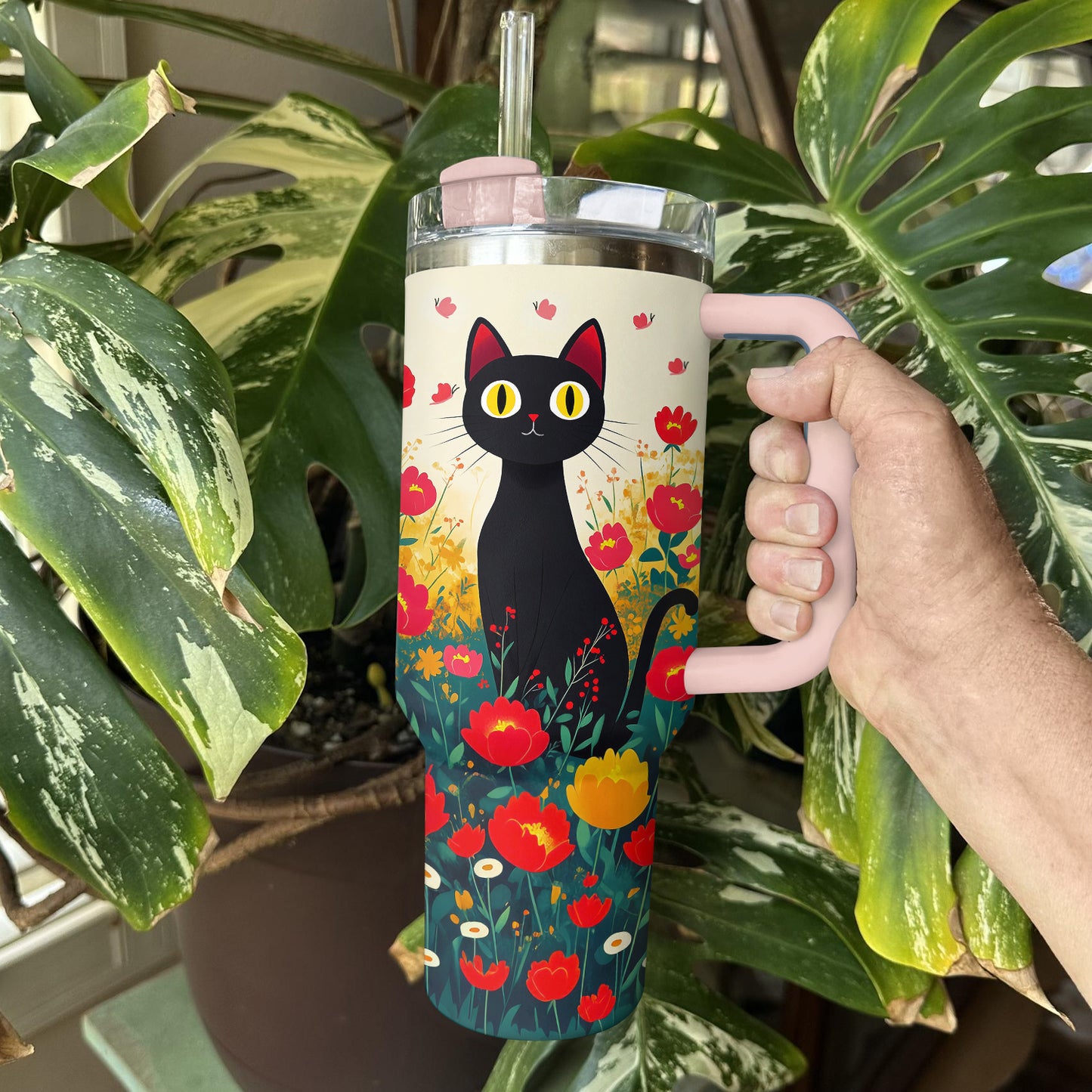 Shineful Tumbler Black Cat With Beautiful Flower