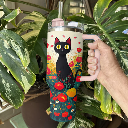 Shineful Tumbler Black Cat With Beautiful Flower