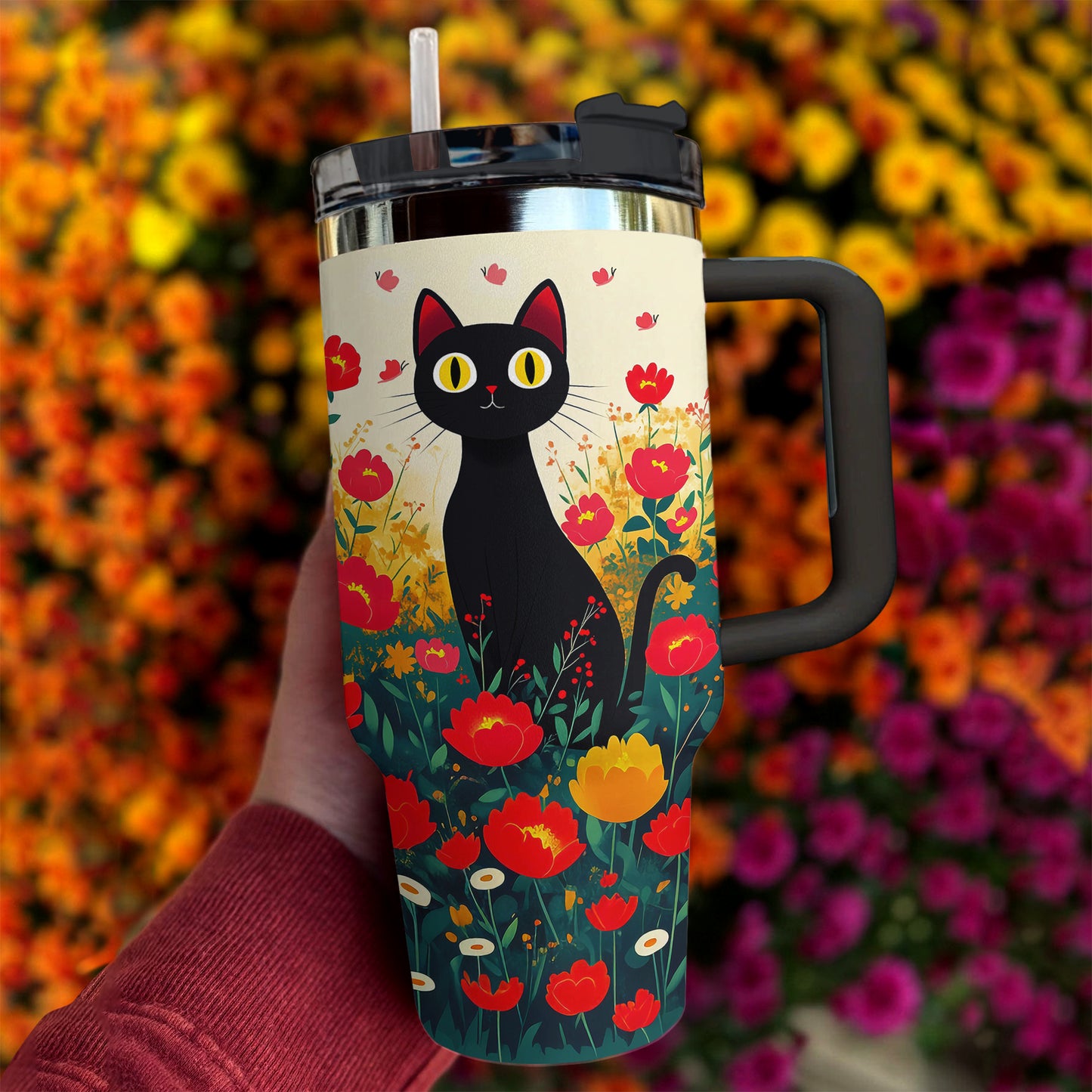Shineful Tumbler Black Cat With Beautiful Flower