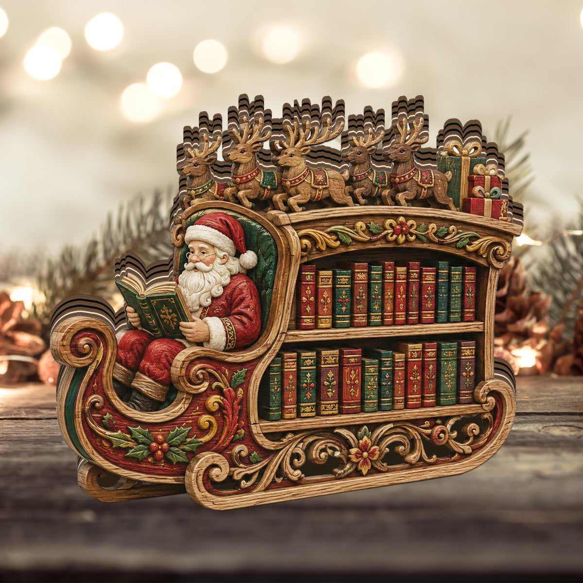 Shineful Santa Sleigh Bookshelf Custom Shape Wooden Block