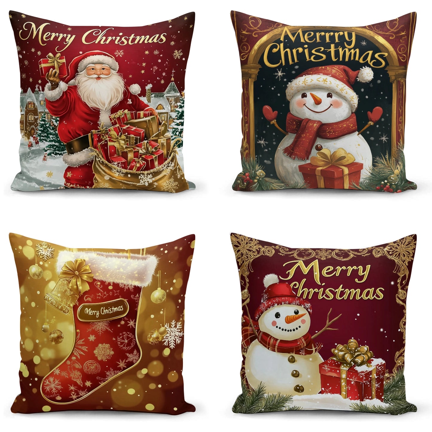 Shineful Set-4 of 2D Print Cushion Cover, Pillowcase, Pillows Covers - Merry Christmas Snowman with Gifts and Festive Cheer