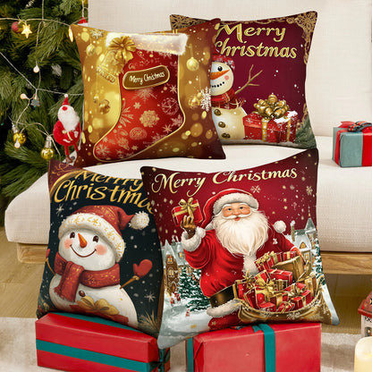 Shineful Set-4 of 2D Print Cushion Cover, Pillowcase, Pillows Covers - Merry Christmas Snowman with Gifts and Festive Cheer
