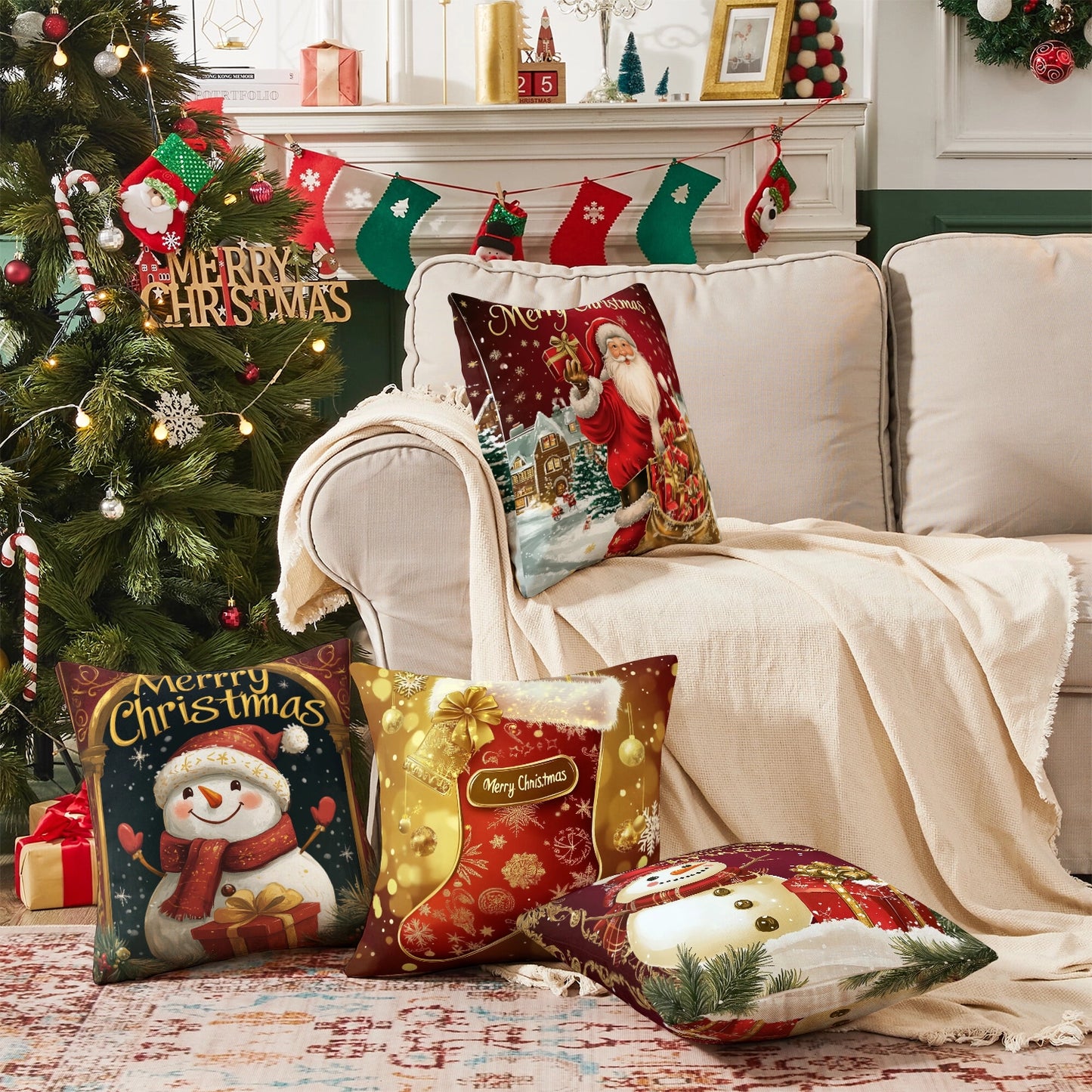 Shineful Set-4 of 2D Print Cushion Cover, Pillowcase, Pillows Covers - Merry Christmas Snowman with Gifts and Festive Cheer