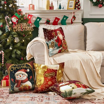 Shineful Set-4 of 2D Print Cushion Cover, Pillowcase, Pillows Covers - Merry Christmas Snowman with Gifts and Festive Cheer