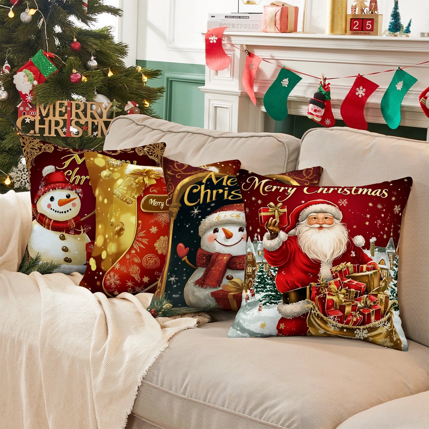 Shineful Set-4 of 2D Print Cushion Cover, Pillowcase, Pillows Covers - Merry Christmas Snowman with Gifts and Festive Cheer