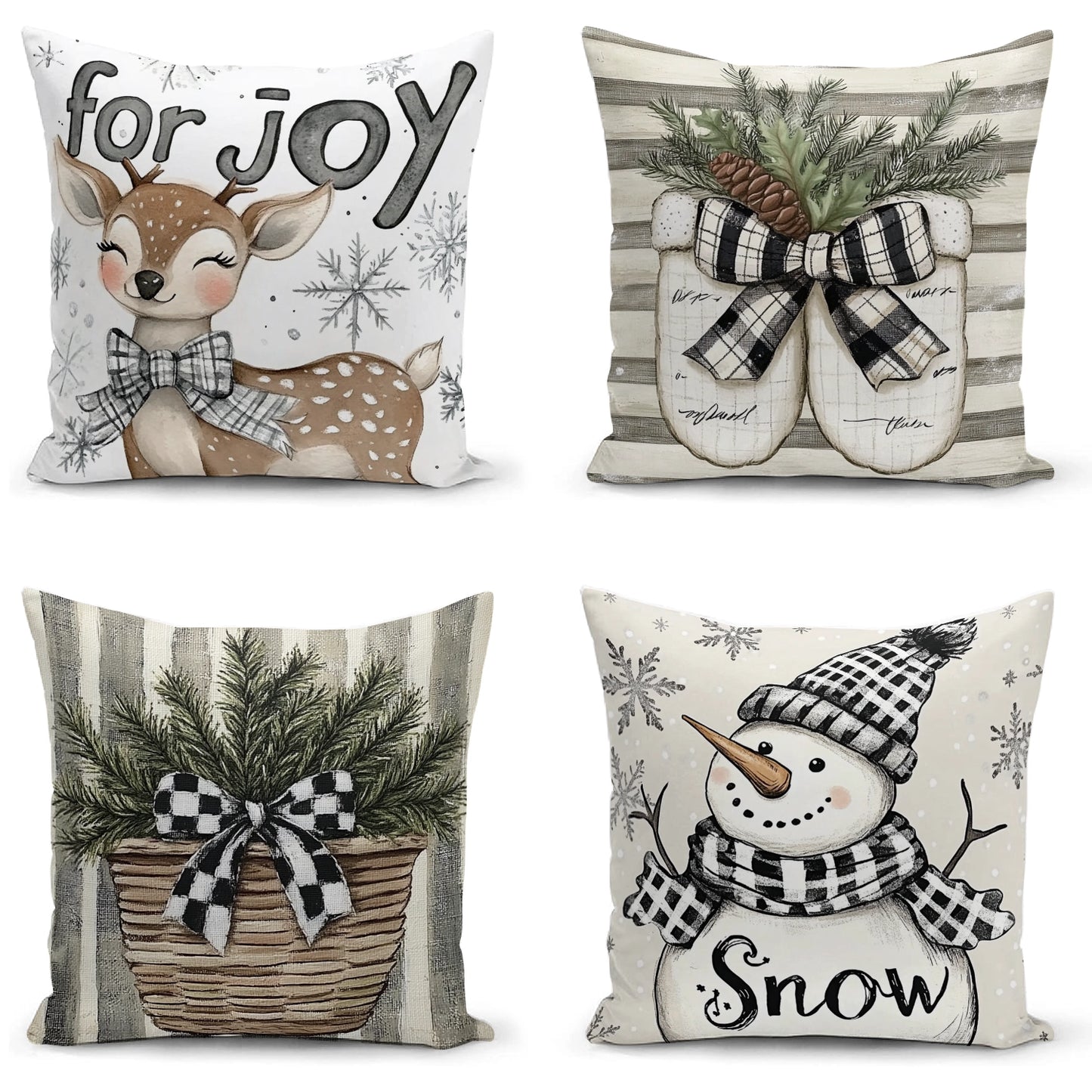 Shineful Set-4 of 2D Print Cushion Cover, Pillowcase, Pillows Covers - Whimsical Winter Wonders Featuring Playful Snowmen and Cozy Holiday Elements
