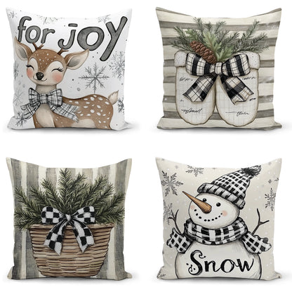 Shineful Set-4 of 2D Print Cushion Cover, Pillowcase, Pillows Covers - Whimsical Winter Wonders Featuring Playful Snowmen and Cozy Holiday Elements