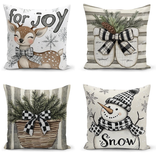 Shineful Set-4 of 2D Print Cushion Cover, Pillowcase, Pillows Covers - Whimsical Winter Wonders Featuring Playful Snowmen and Cozy Holiday Elements