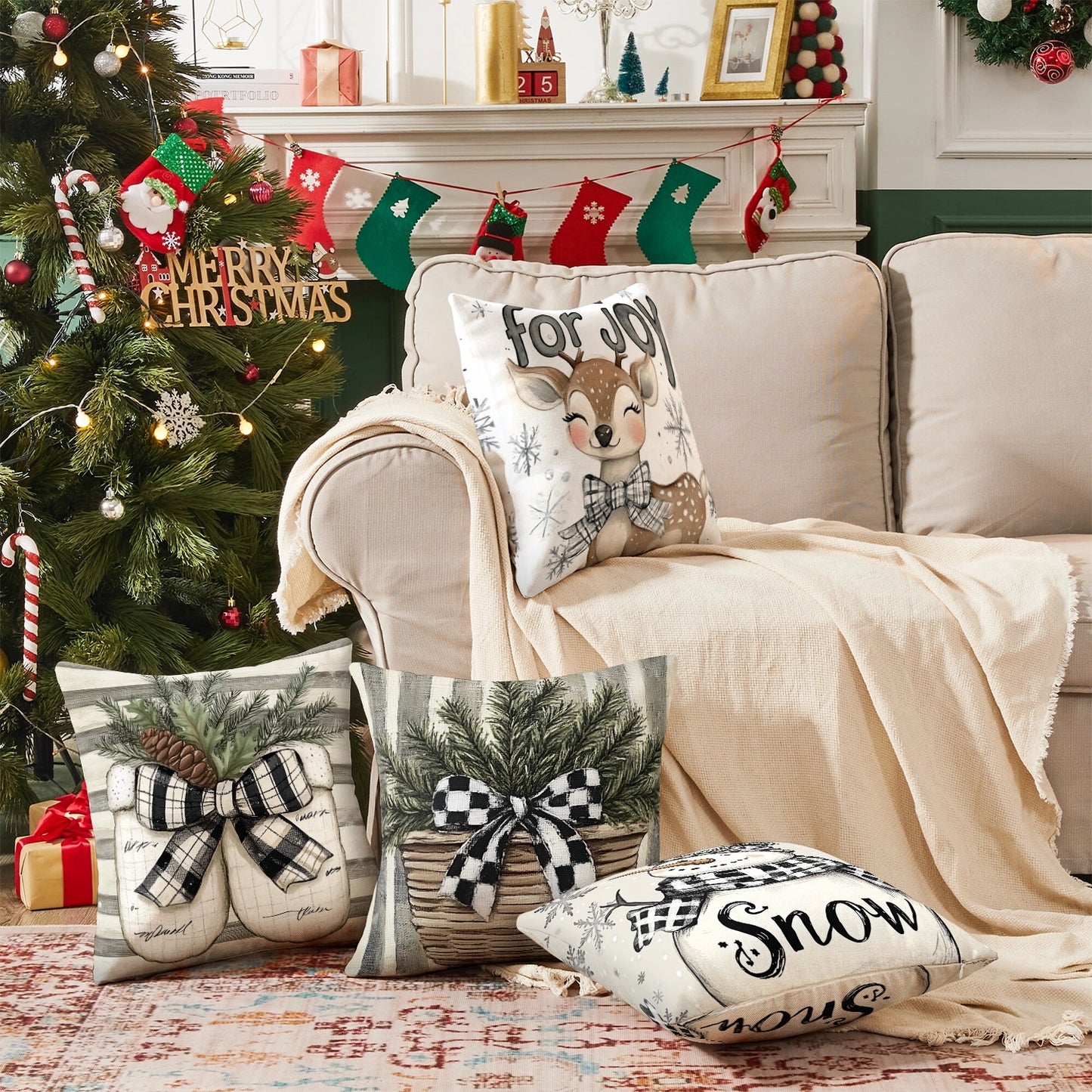 Shineful Set-4 of 2D Print Cushion Cover, Pillowcase, Pillows Covers - Whimsical Winter Wonders Featuring Playful Snowmen and Cozy Holiday Elements