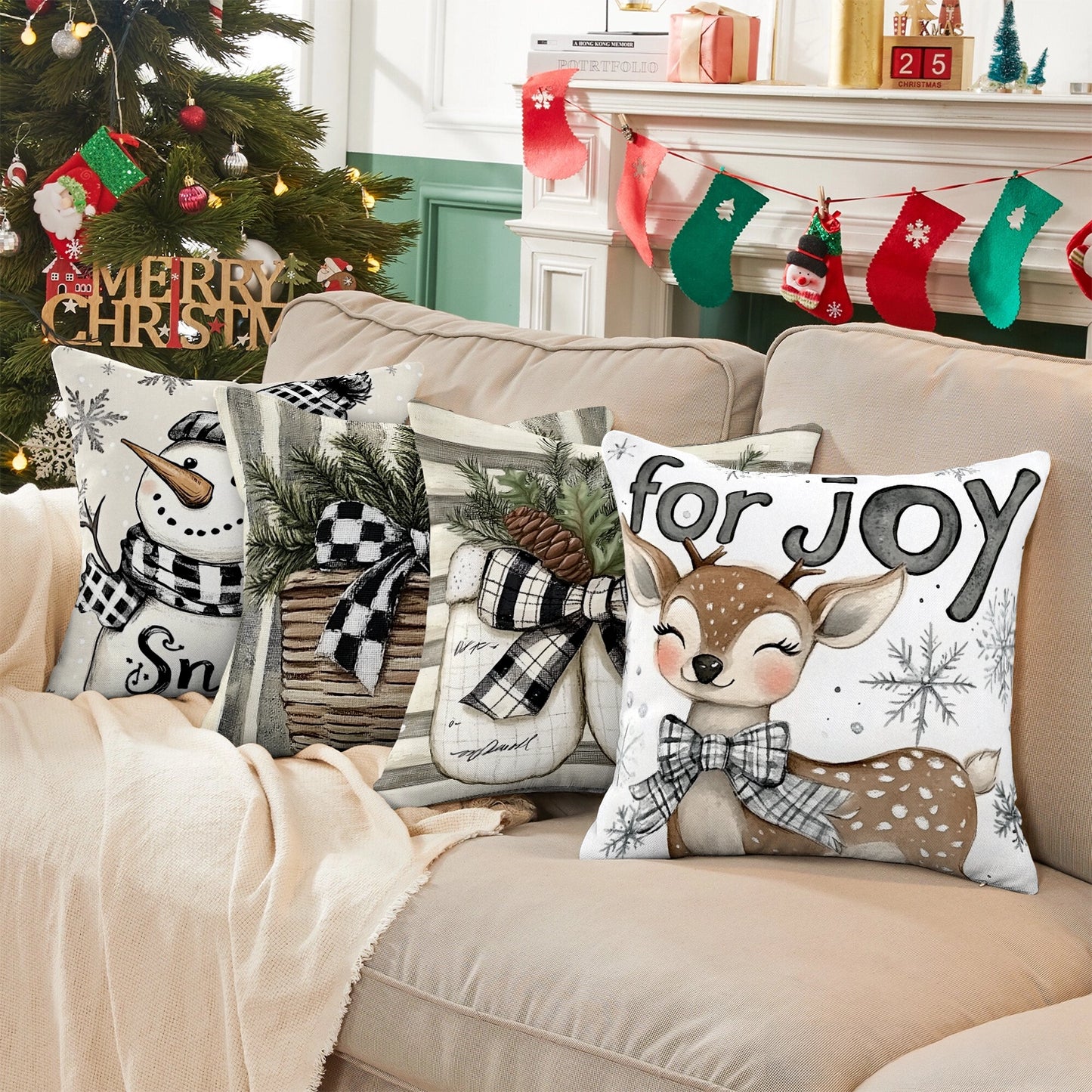 Shineful Set-4 of 2D Print Cushion Cover, Pillowcase, Pillows Covers - Whimsical Winter Wonders Featuring Playful Snowmen and Cozy Holiday Elements