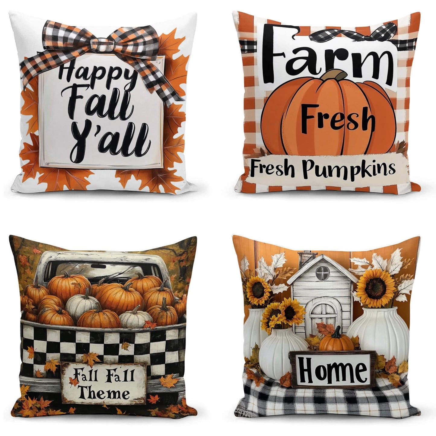 Shineful Set-4 of 2D Print Cushion Cover, Pillowcase, Pillows Covers - Fall Harvest Charm: Cozy Farmhouse Vibes with Pumpkins and Plaid Accents