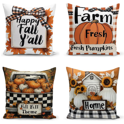 Shineful Set-4 of 2D Print Cushion Cover, Pillowcase, Pillows Covers - Fall Harvest Charm: Cozy Farmhouse Vibes with Pumpkins and Plaid Accents