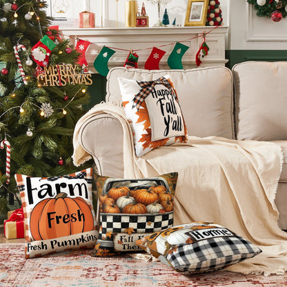 Shineful Set-4 of 2D Print Cushion Cover, Pillowcase, Pillows Covers - Fall Harvest Charm: Cozy Farmhouse Vibes with Pumpkins and Plaid Accents