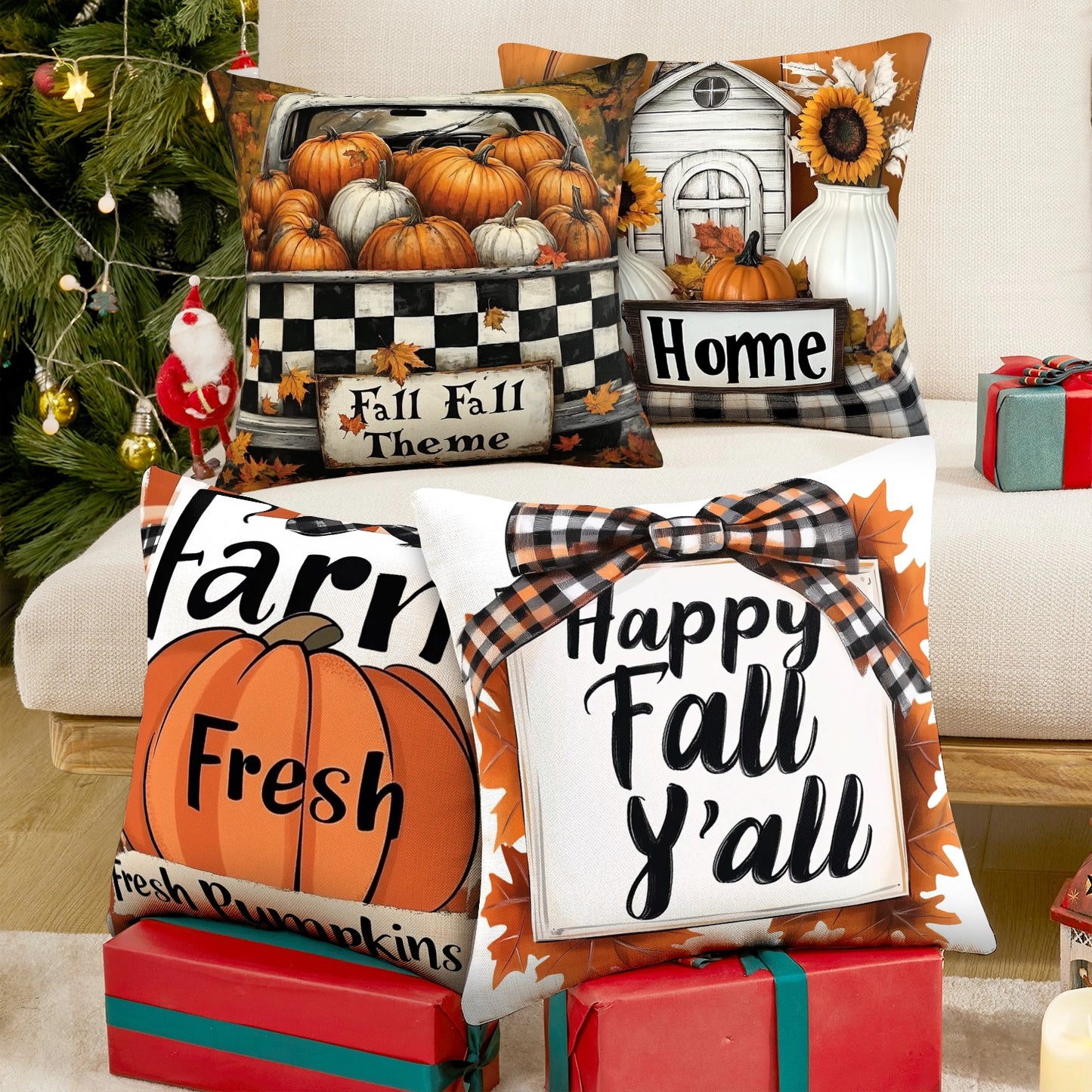 Shineful Set-4 of 2D Print Cushion Cover, Pillowcase, Pillows Covers - Fall Harvest Charm: Cozy Farmhouse Vibes with Pumpkins and Plaid Accents