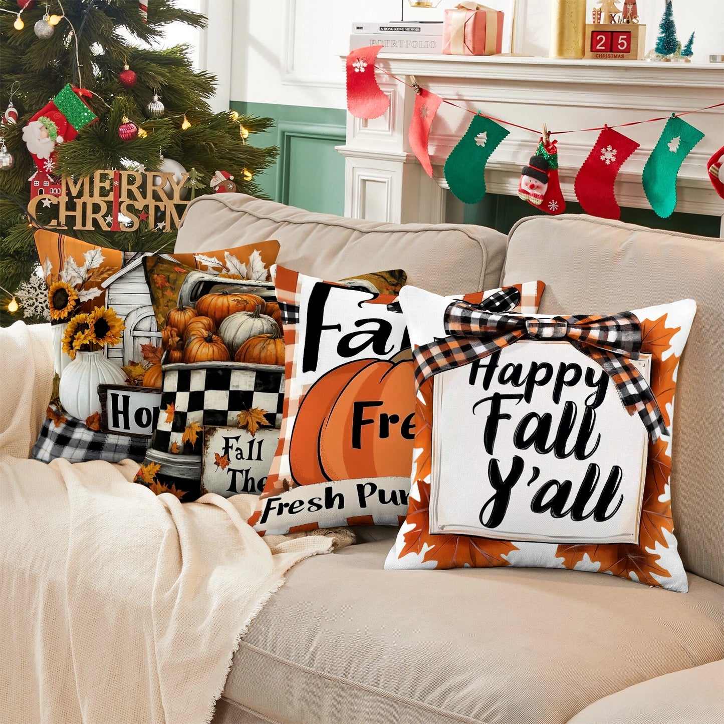 Shineful Set-4 of 2D Print Cushion Cover, Pillowcase, Pillows Covers - Fall Harvest Charm: Cozy Farmhouse Vibes with Pumpkins and Plaid Accents