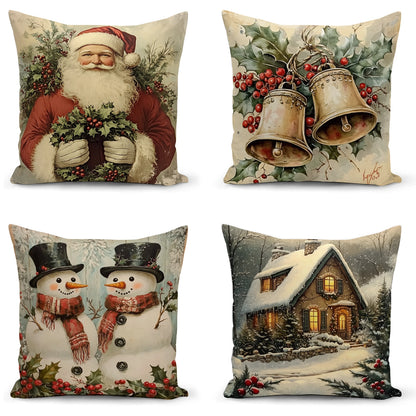 Shineful Set-4 of 2D Print Cushion Cover, Pillowcase, Pillows Covers - Vintage Christmas Cheer: Santa, Snowmen, Bells, and Cozy Holidays