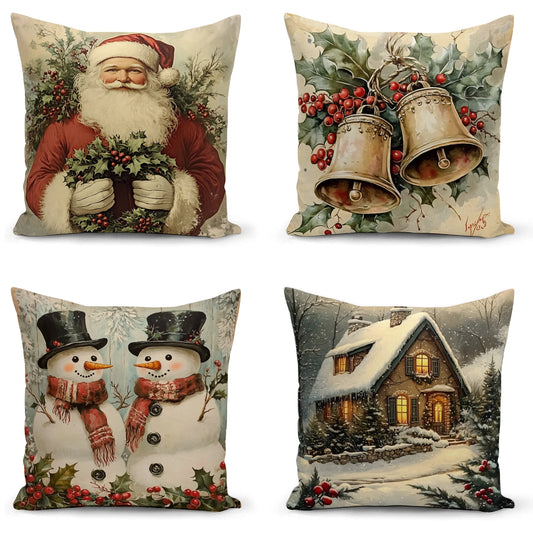 Shineful Set-4 of 2D Print Cushion Cover, Pillowcase, Pillows Covers - Vintage Christmas Cheer: Santa, Snowmen, Bells, and Cozy Holidays