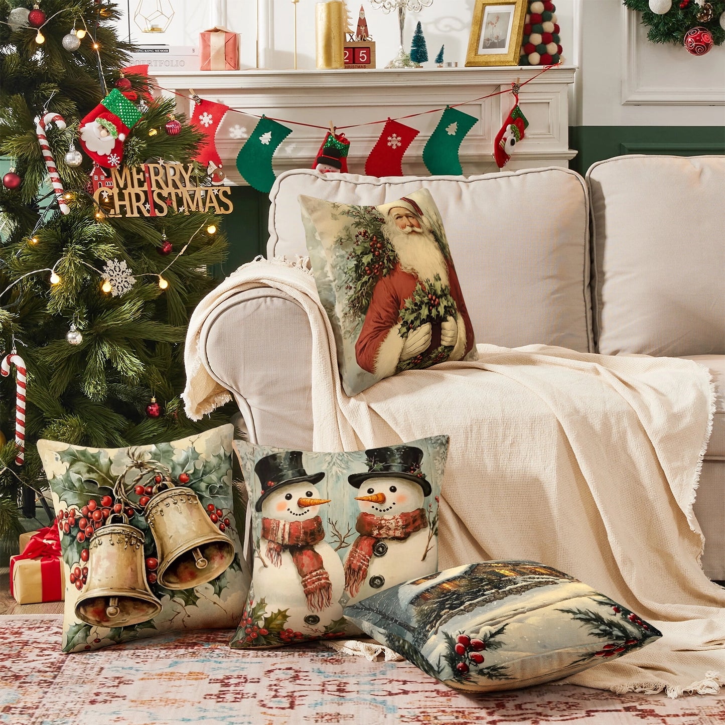 Shineful Set-4 of 2D Print Cushion Cover, Pillowcase, Pillows Covers - Vintage Christmas Cheer: Santa, Snowmen, Bells, and Cozy Holidays