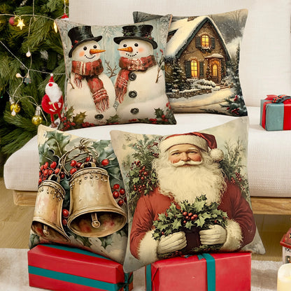 Shineful Set-4 of 2D Print Cushion Cover, Pillowcase, Pillows Covers - Vintage Christmas Cheer: Santa, Snowmen, Bells, and Cozy Holidays