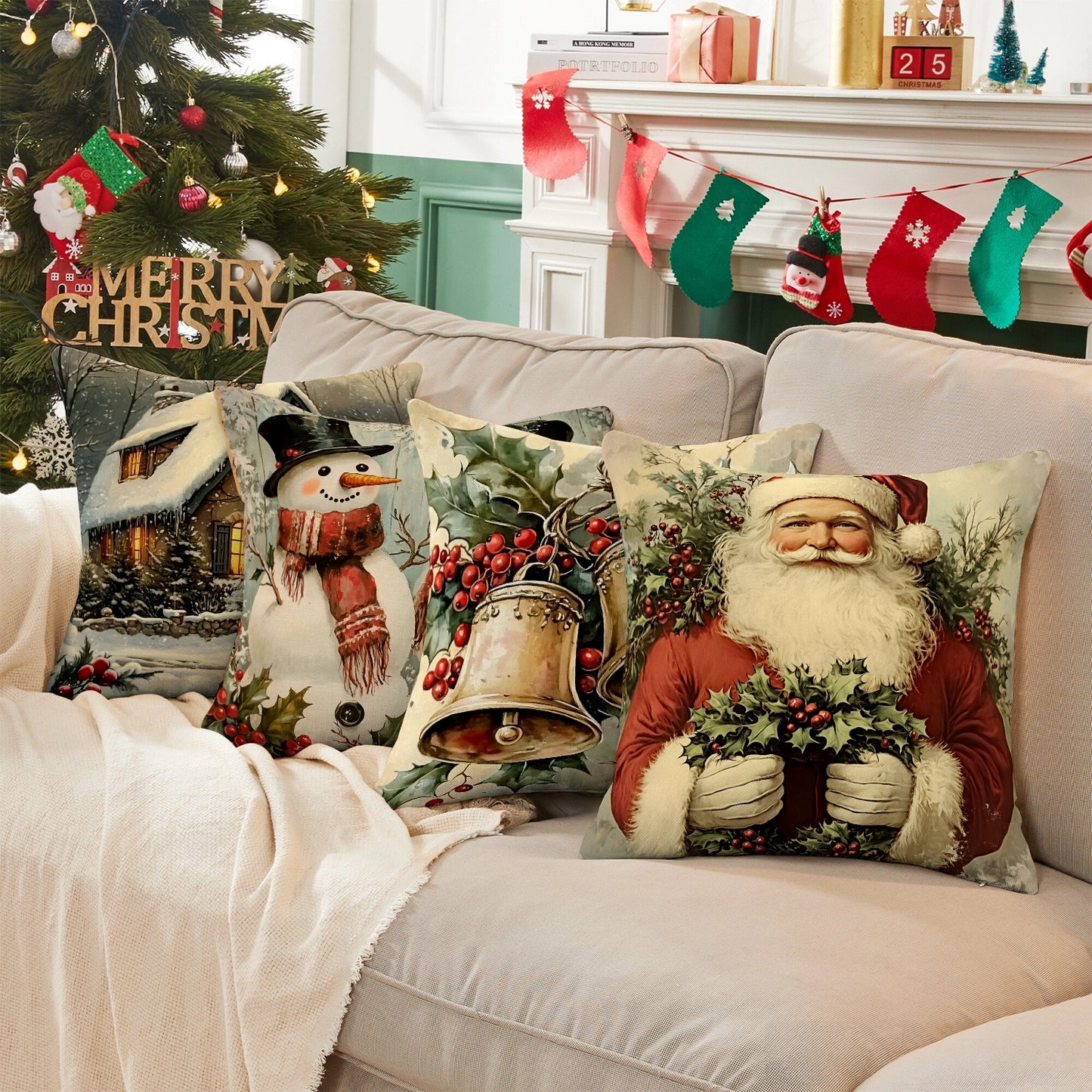 Shineful Set-4 of 2D Print Cushion Cover, Pillowcase, Pillows Covers - Vintage Christmas Cheer: Santa, Snowmen, Bells, and Cozy Holidays