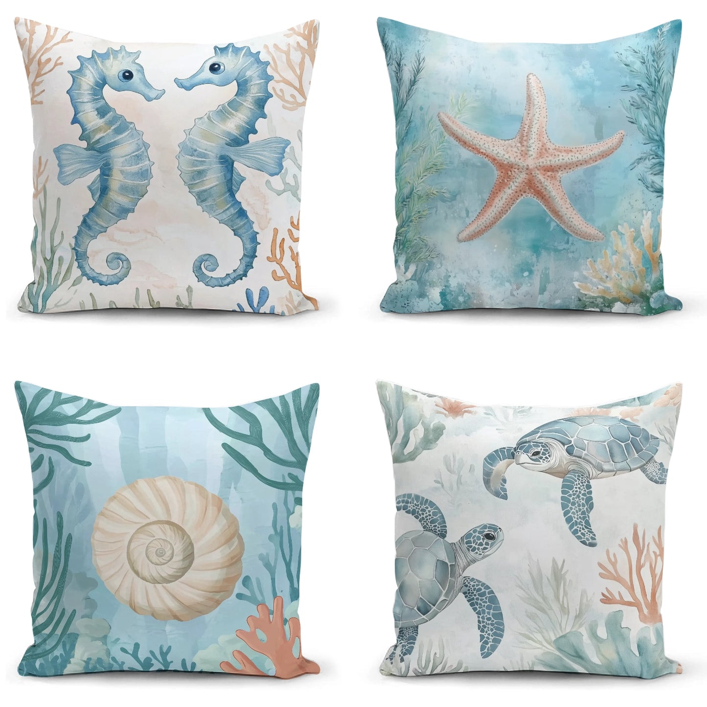 Shineful Set-4 of 2D Print Cushion Cover, Pillowcase, Pillows Covers - Whimsical Underwater World: Sea Creatures and Ocean Wonders in Soft Pastels