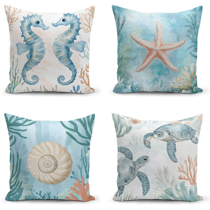 Shineful Set-4 of 2D Print Cushion Cover, Pillowcase, Pillows Covers - Whimsical Underwater World: Sea Creatures and Ocean Wonders in Soft Pastels