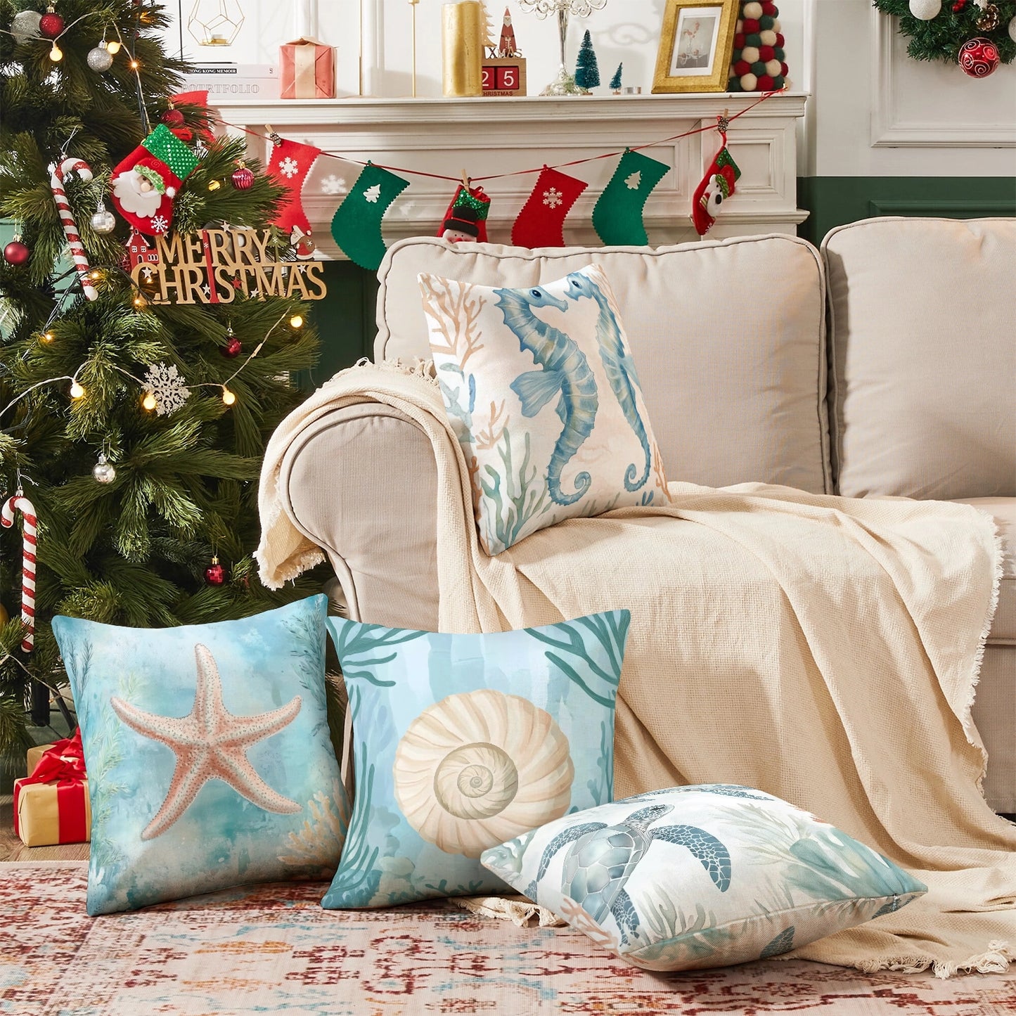 Shineful Set-4 of 2D Print Cushion Cover, Pillowcase, Pillows Covers - Whimsical Underwater World: Sea Creatures and Ocean Wonders in Soft Pastels