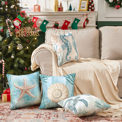 Shineful Set-4 of 2D Print Cushion Cover, Pillowcase, Pillows Covers - Whimsical Underwater World: Sea Creatures and Ocean Wonders in Soft Pastels
