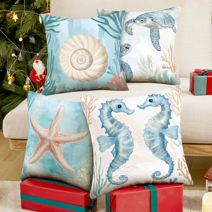 Shineful Set-4 of 2D Print Cushion Cover, Pillowcase, Pillows Covers - Whimsical Underwater World: Sea Creatures and Ocean Wonders in Soft Pastels