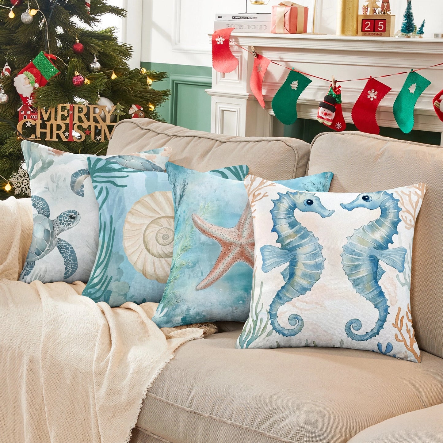 Shineful Set-4 of 2D Print Cushion Cover, Pillowcase, Pillows Covers - Whimsical Underwater World: Sea Creatures and Ocean Wonders in Soft Pastels